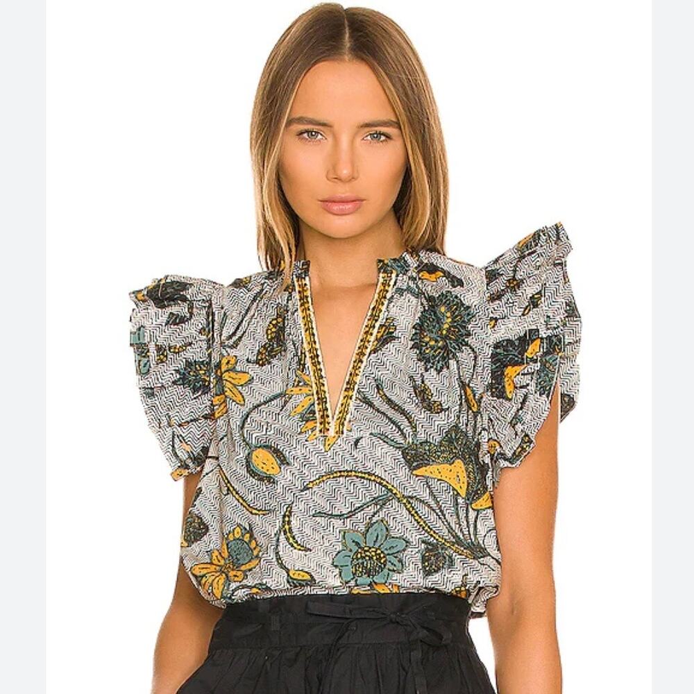 Ulla Johnson Elena Top Portofino 100% cotton 4 ruffle boho hippie floral